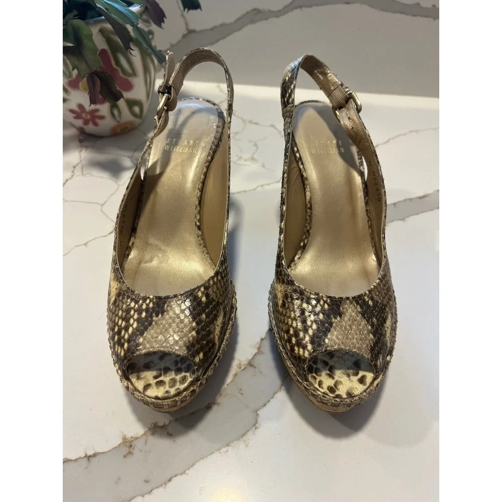 Stuart Weitzman Snakeskin Embossed Cork Wedge Slingback Sandals Brown 7.5 M